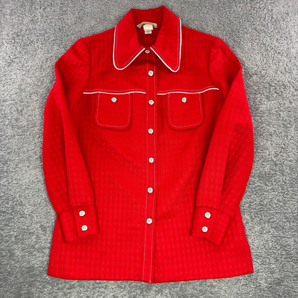 Vintage Joyce Red 70s Polyester Button Up Shirt Western Disco ILGWU Size 9-10